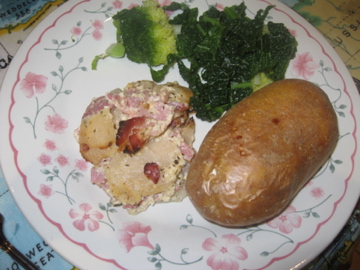 Served with jacket potato and greens. Enjoy