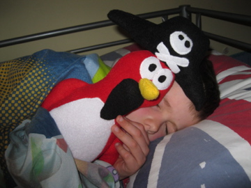 Son1 asleep with his Rockhopper Penguin